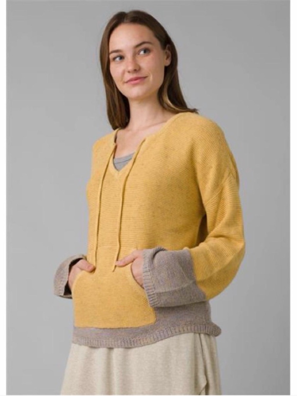 prAna Crystal Beach Knit Sweater Women's Pocket Mustard Taupe